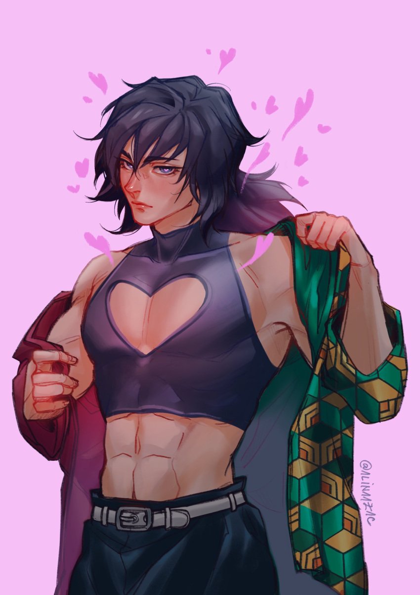 alinaazac alternate_costume alternate_version_available black_hair blue_eyes blush cleavage_cutout crop_top demon_slayer expressionless haori heart-shaped_pupils kimetsu_no_yaiba looking_at_viewer male male_only muscular muscular_male ponytail skin_tight sleeveless_shirt solo tight_clothing tomioka_giyuu undressing uniform