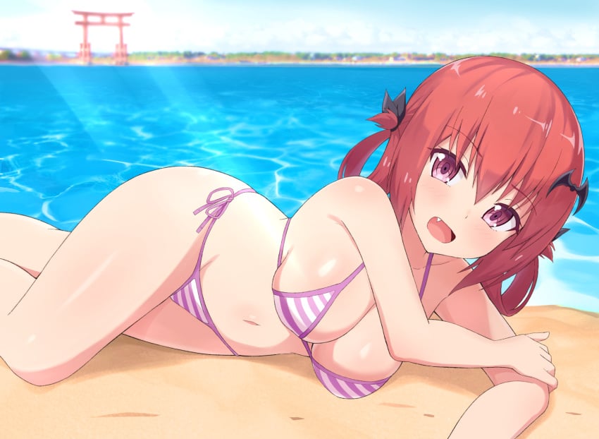 :d beach bikini blue_sky blush breasts cleavage commentary_request day demon_girl female gabriel_dropout hair_ornament half-closed_eyes highres kurumizawa_satanichia_mcdowell large_breasts looking_at_viewer lying navel nyaroon ocean oerba_yun_fang on_side onidere open_mouth outdoors panties pink_bikini purple_eyes red_hair revision sand satanichia_kurumizawa_mcdowell side-tie_bikini side-tie_panties sky smile solo string_bikini striped striped_bikini swimsuit underwear water