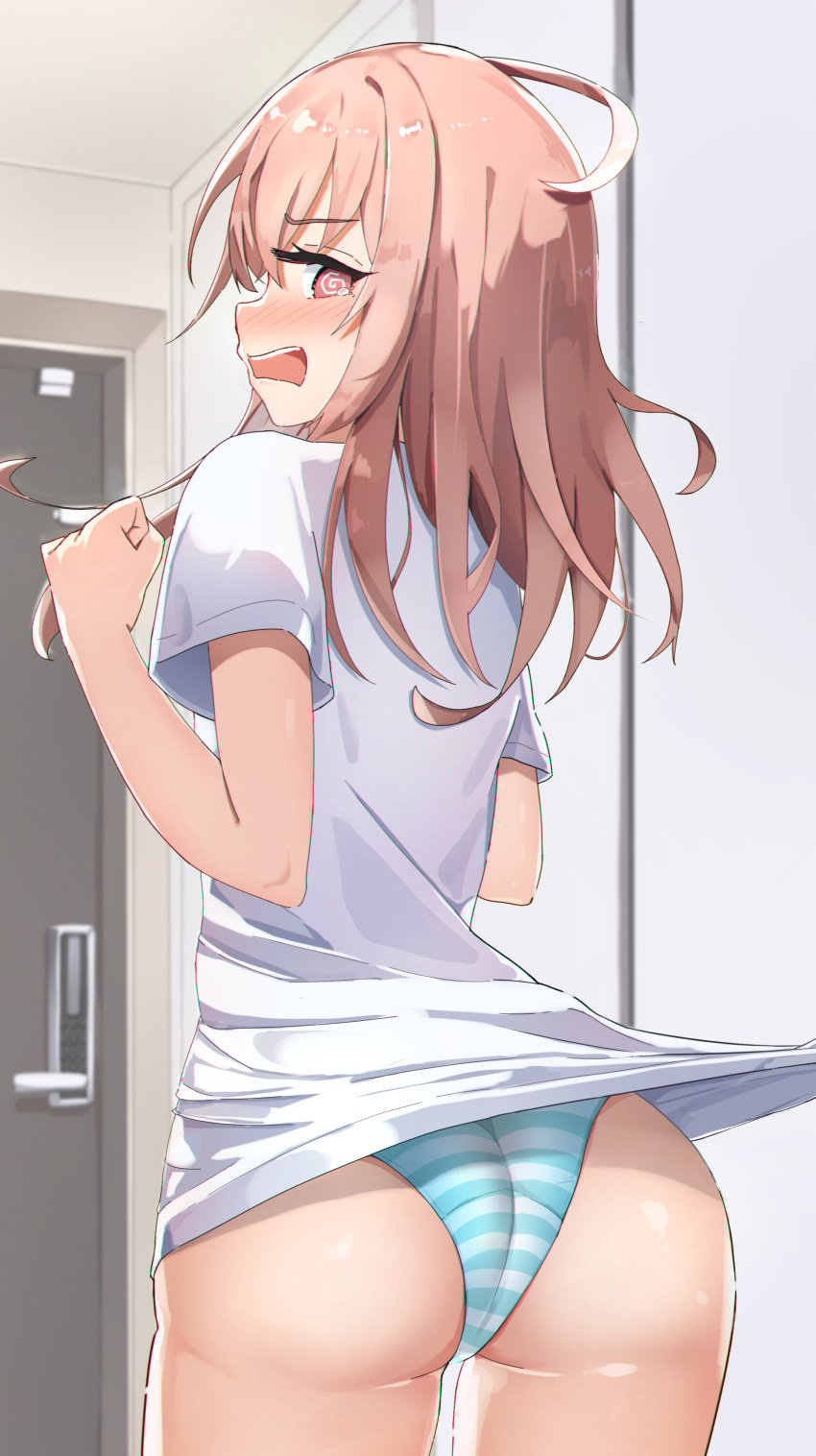 1girls aqua_panties ass ass_cheeks ass_focus back back_view band_(skymole01) bangs blush clenched_hand dubious_consent embarrassed exposed_ass female female_focus female_only flustered from_behind hands_up inui_sajuna looking_at_viewer looking_back midriff no_pants offscreen_male open_mouth panties petite pink_eyes pink_hair pulled_by_another pulling_up_shirt shirt shirt_lift solo solo_female solo_focus sono_bisque_doll_wa_koi_wo_suru spiral_eyes standing striped striped_panties stripes tears teeth teeth_showing teeth_visible thick_thighs thighs underwear undressing undressing_another white_shirt