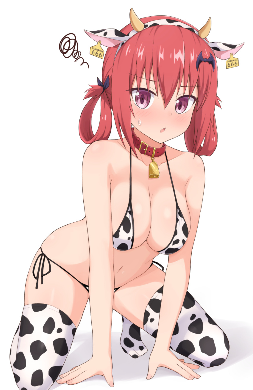 animal_ears animal_print bad_id bad_pixiv_id bangs bare_shoulders bat_hair_ornament bell bikini breasts collar collarbone cow_ears cow_horns cow_print cowbell ear_tag fake_animal_ears fake_horns female gabriel_dropout hair_between_eyes hair_ornament hair_rings highres horns kurumizawa_satanichia_mcdowell large_breasts looking_at_viewer navel neck_bell nyaroon pink_eyes red_hair satanichia_kurumizawa_mcdowell shiny shiny_hair side-tie_bikini solo sweatdrop swimsuit thighhighs thighs white_background