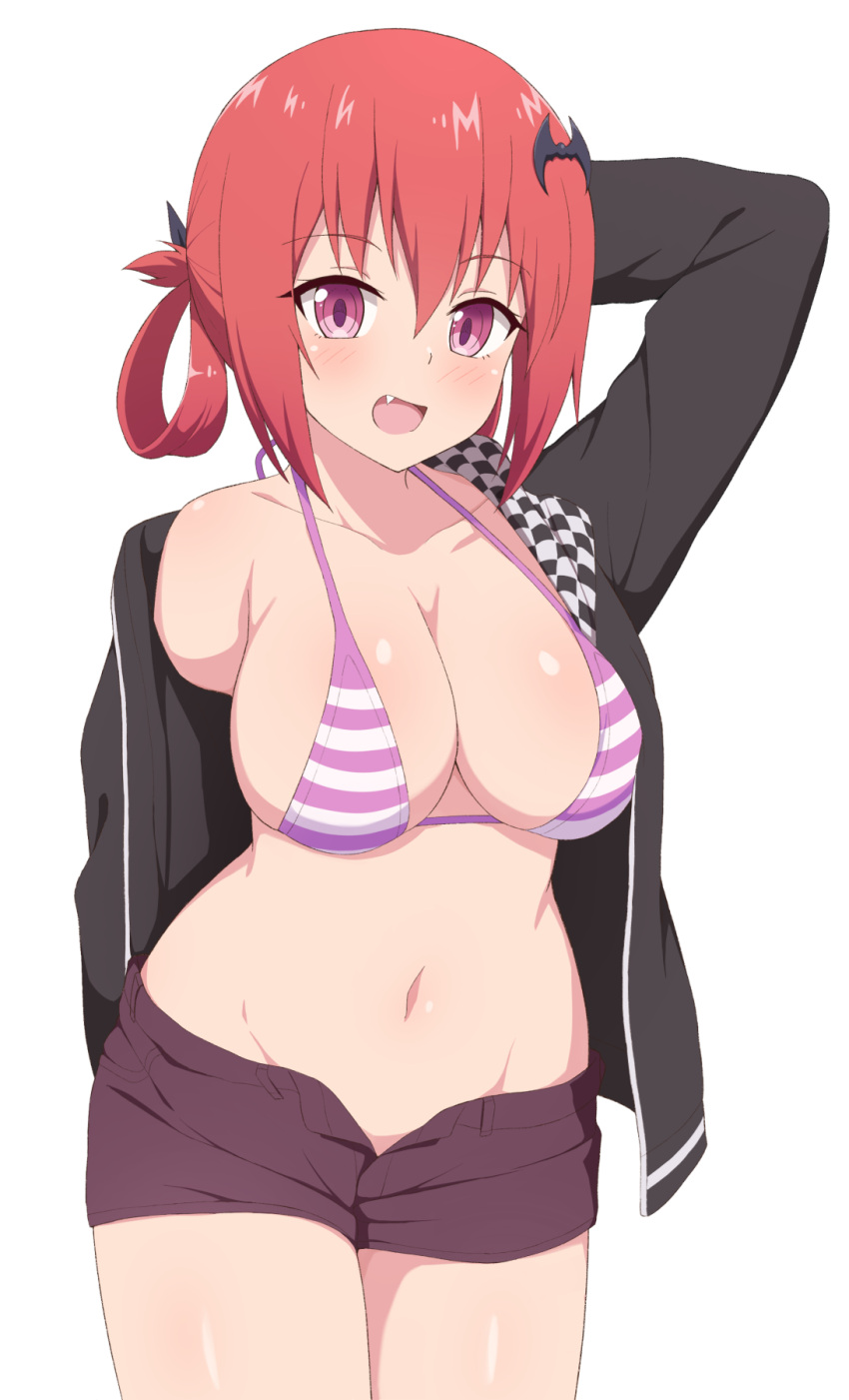 arm_behind_head bad_id bad_pixiv_id bat_hair_ornament bikini bikini_top_only black_jacket breasts commentary_request female gabriel_dropout hair_ornament hair_rings highres jacket kurumizawa_satanichia_mcdowell large_breasts looking_at_viewer navel nyaroon off_shoulder open_clothes open_jacket open_mouth pink_eyes red_hair satanichia_kurumizawa_mcdowell shorts simple_background solo striped striped_bikini swimsuit thighs white_background