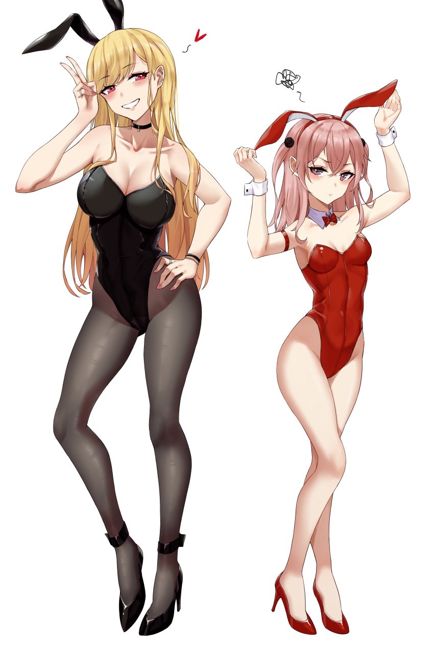 2girls animal_ears arm_strap arm_up armpits arms_up ass bare_arms bare_legs bare_shoulders bare_thighs black_choker black_footwear black_leotard blonde_female blonde_hair blush bow breasts bunny_ear bunny_ears bunny_girl bunnysuit choker cleavage closed_mouth collar collarbone cuffs detached_collar embarrassed fake_animal_ears female female_only flustered footwear frown frowning full_body grin gyaru hands_on_hips happy happy_female heart heels high_heels highleg highleg_leotard inui_sajuna jewelry kitagawa_marin large_breasts leotard long_hair looking_at_viewer mouth_closed multiple_girls pantyhose pink_eyes pink_hair playboy_bunny rabbit_ears red_eyes red_footwear red_leotard ring simple_background size_difference small_breasts smaller_female smile smiling smiling_at_viewer sono_bisque_doll_wa_koi_wo_suru squiggle standing strapless strapless_leotard taller_girl teeth teeth_clenched teeth_showing teeth_visible thighs two_side_up white_background wrist_cuffs wristband yukiaka