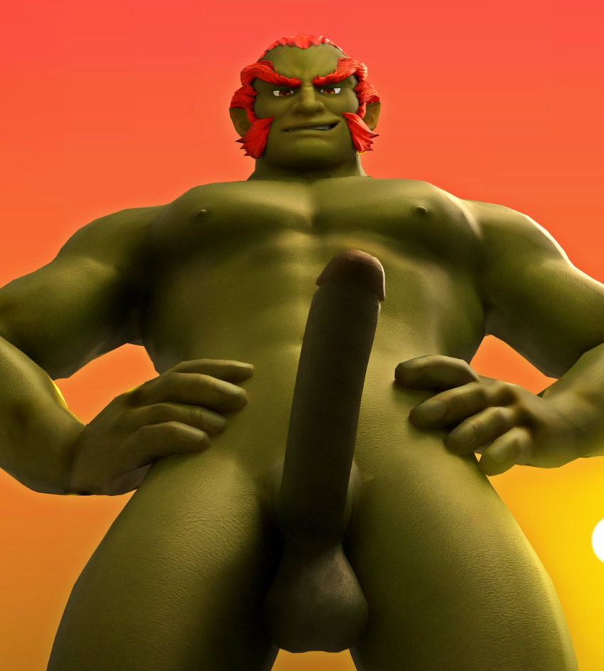 3d balls big_hands big_penis boner down_angle erection ganondorf gay genitals gerudo green_skin male male_only muscles muscular_male naked nickoingh nipples nude ocarina_of_time pecs pov red_hair solo solo_male sunset yaoi