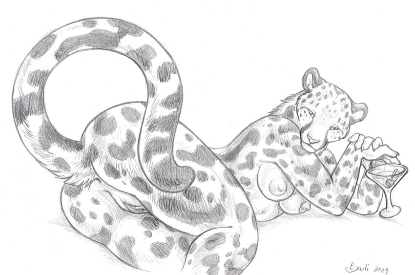 2009 anus ass breasts cheetah drink exuli feline female furry monochrome nude olive_(fruit) on_side pussy sketch solo