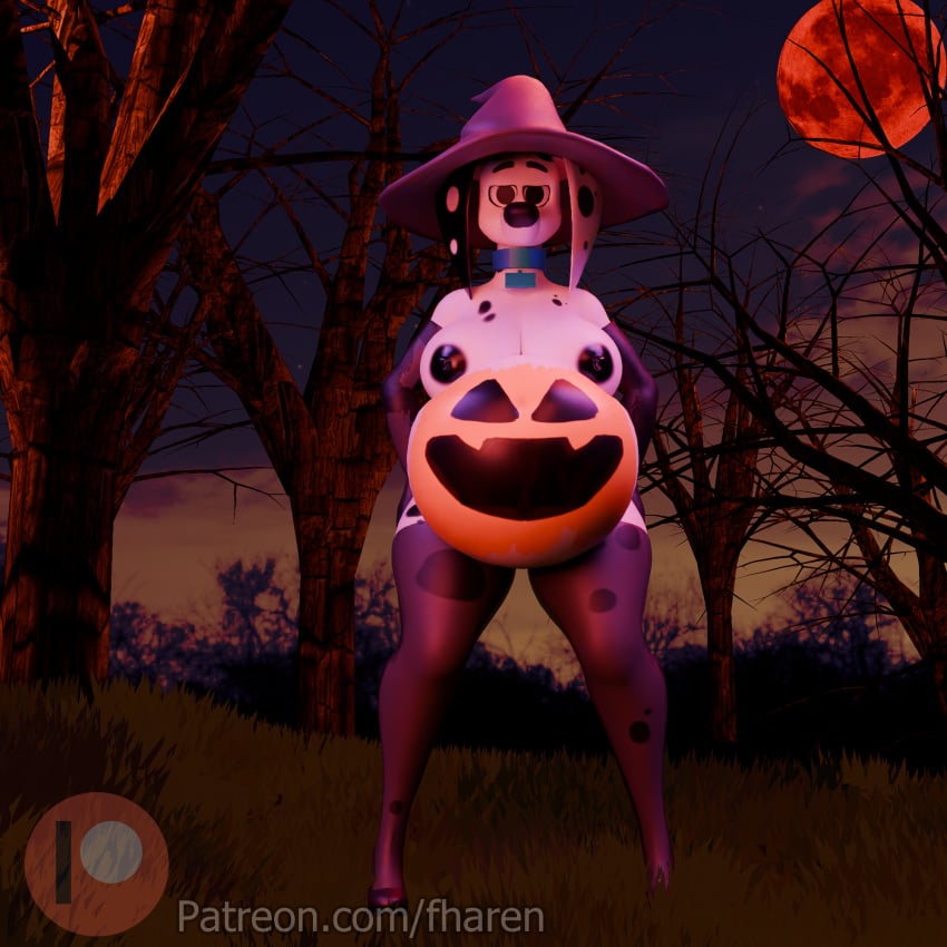 101_dalmatian_street 101_dalmatians 1:1 3d_(artwork) anthro belly big_belly big_breasts black_clothing black_footwear black_high_heels black_nipples bodypaint breasts clothing collar delilah_(101_dalmatians) digital_media_(artwork) disney female female_anthro fharen footwear fur hand_on_hip hat headgear headwear hi_res high_heels huge_breasts huge_hips legwear light looking_at_viewer markings moon moonlight mostly_nude nipples painted_belly pregnant pumpkin_belly red_moon shoes solo spots spotted_body text url white_body white_fur wide_hipped_female wide_hips witch_hat