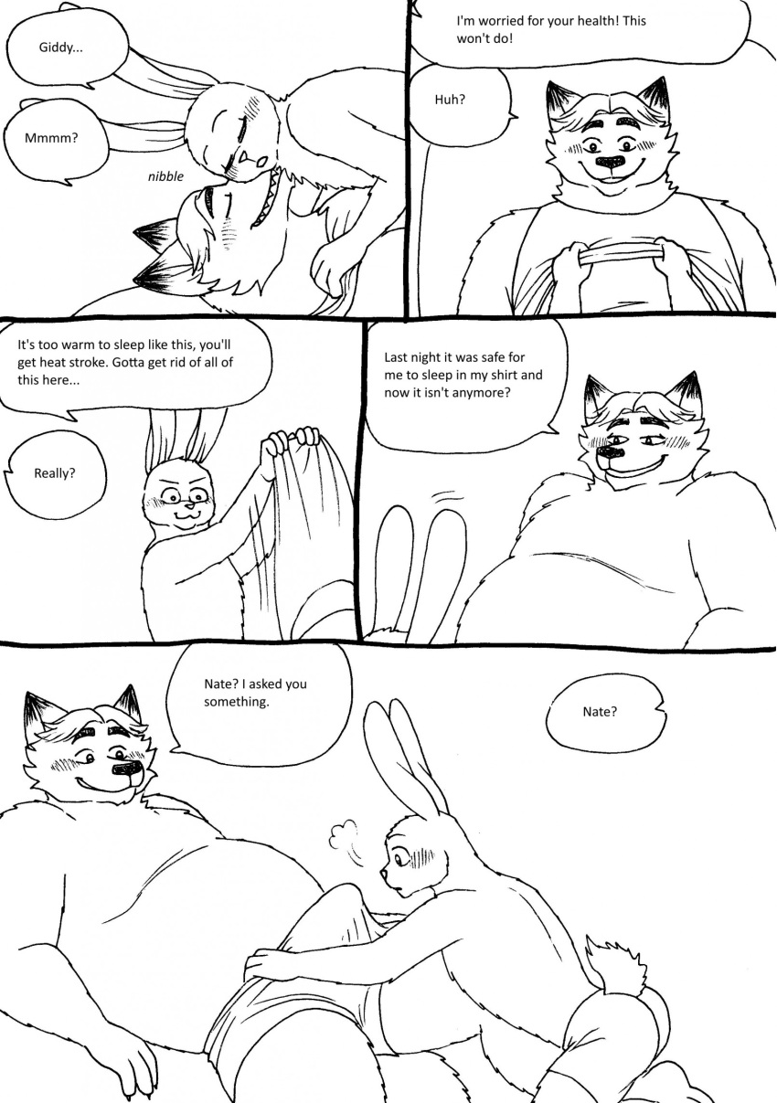 2023 anthro belly bernielover blush bulge canid canine clothing comic dialogue disney duo english_text fan_character fox gideon_grey hi_res lagomorph leporid male mammal overweight overweight_male rabbit shirt text topwear underwear zootopia