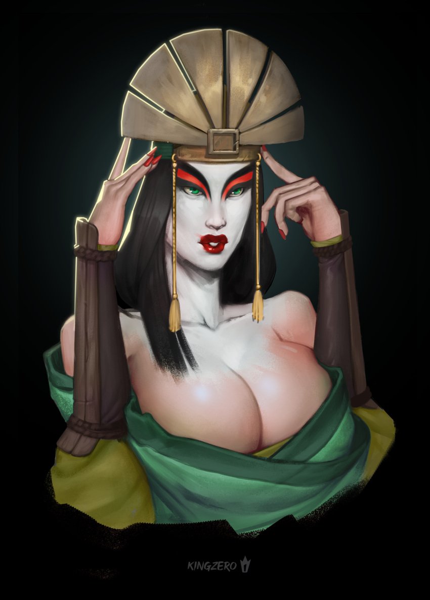 1girls avatar_legends avatar_the_last_airbender black_background busty cleavage clothing earth_kingdom facepaint female female_focus female_only hands_above_head huge_breasts kingzero_art kyoshi large_breasts makeup the_avatar uniform