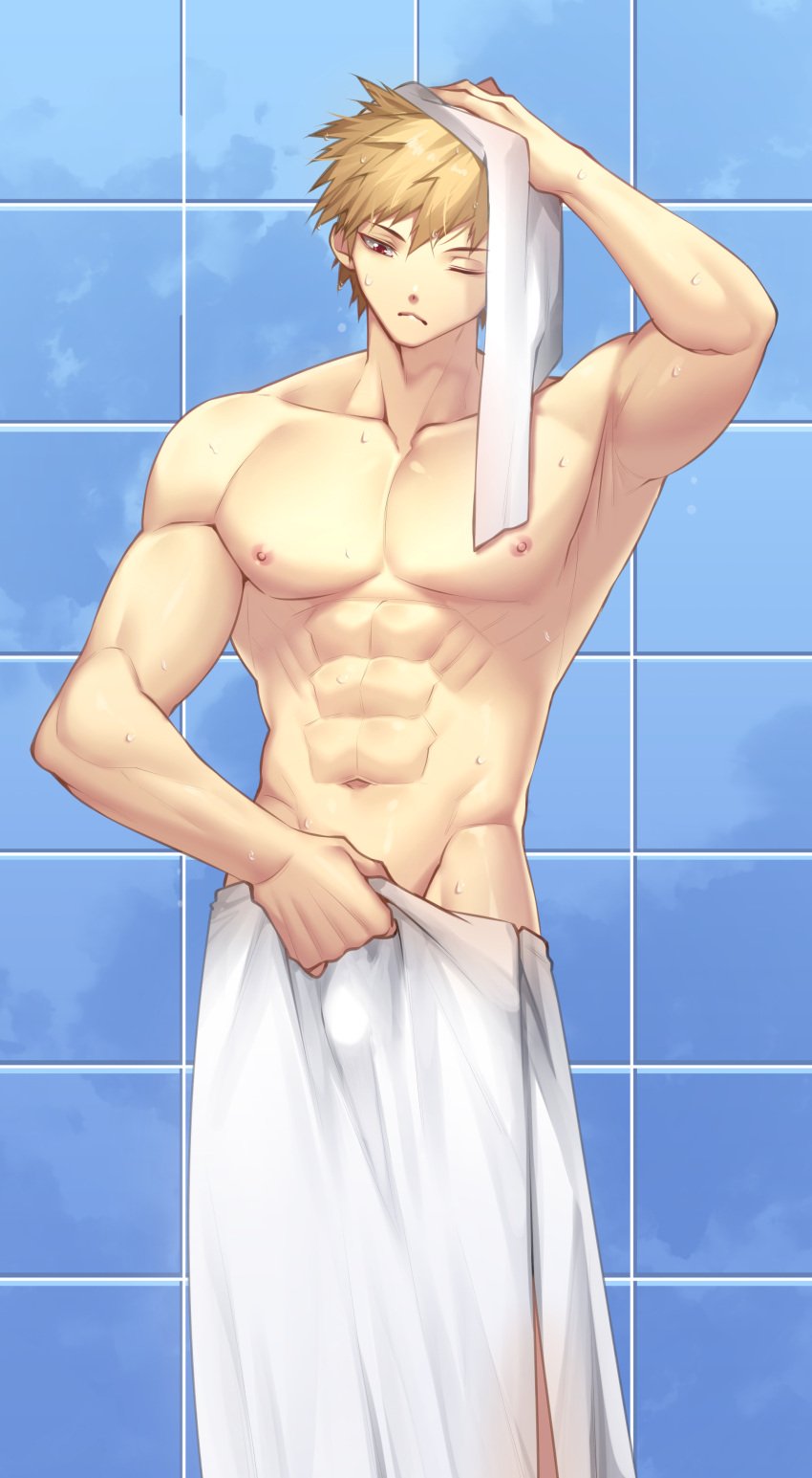 1boy abs absurdres after_shower arm_up armpitsi bara blonde_hair highres katsuki_bakugou kurohitsuji_lim male_focus male_only muscular muscular_male my_hero_academia nipples red_eyes spiky_hair towel