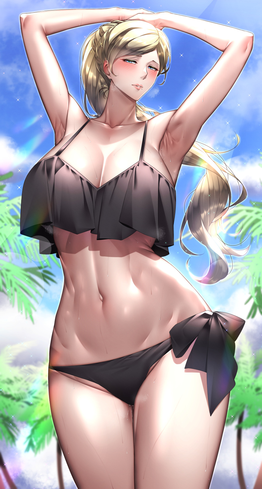 abs absurdres armpits bikini black_bikini blonde_female blonde_hair blue_eyes breasts cleavage collarbone day female highres kantai_collection kome_cola large_breasts looking_at_viewer mature_female milf navel official_alternate_costume ponytail richelieu_(kantai_collection) side-tie_bikini solo swimsuit toned