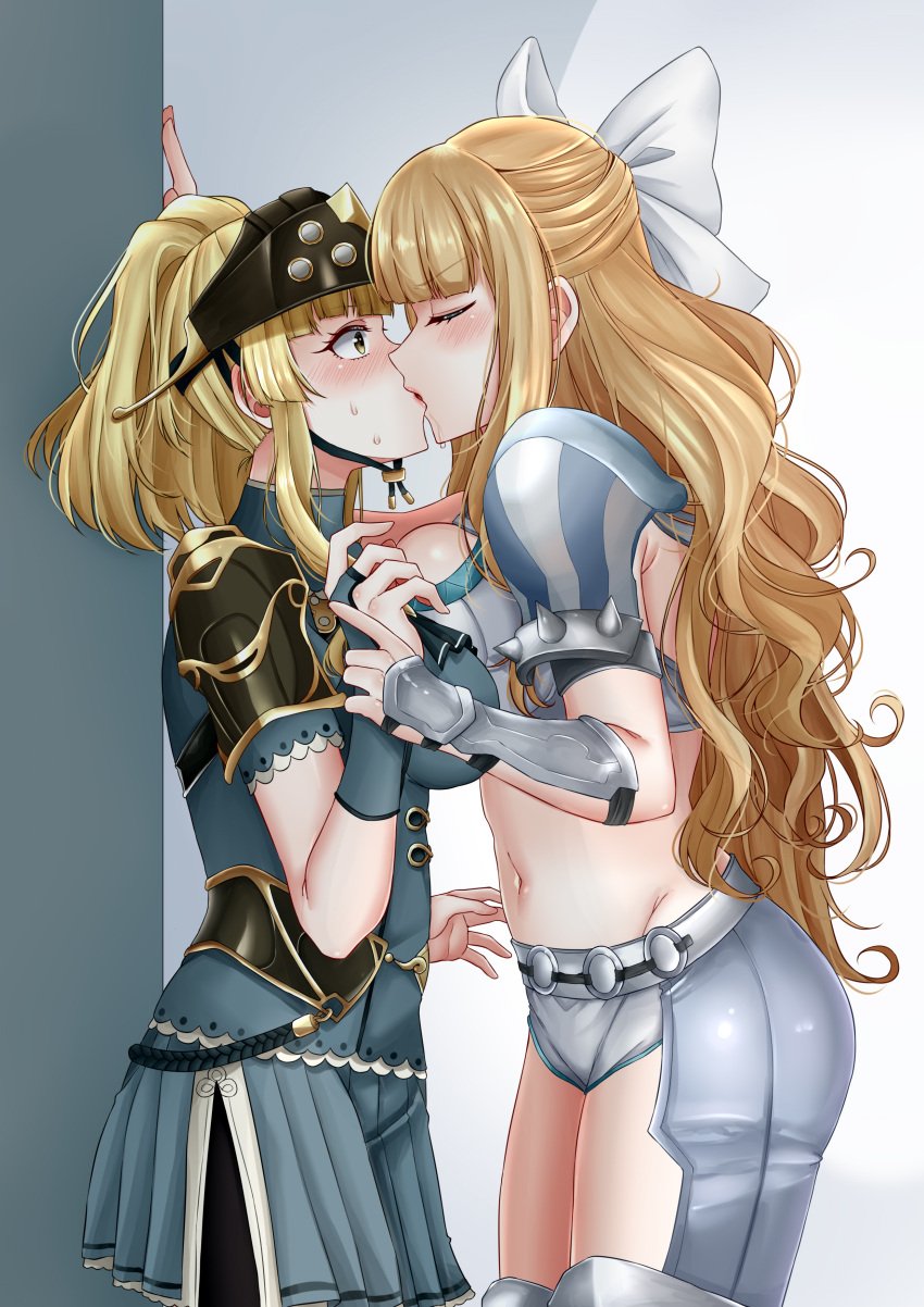 2girls against_wall asymmetrical_docking bangs bare_midriff bare_thighs blonde_female blonde_hair breast_press breasts charlotte_(fire_emblem) clair_(fire_emblem) closed_eyes drooling female female_only fire_emblem fire_emblem_echoes:_shadows_of_valentia fire_emblem_fates holding_hands inner_thighs kissing large_breasts long_hair medium_breasts medium_hair midriff multiple_girls nintendo ponytail rynn_(darknescorez) saliva saliva_trail shocked sweat thighs very_long_hair wavy_hair yellow_eyes yuri