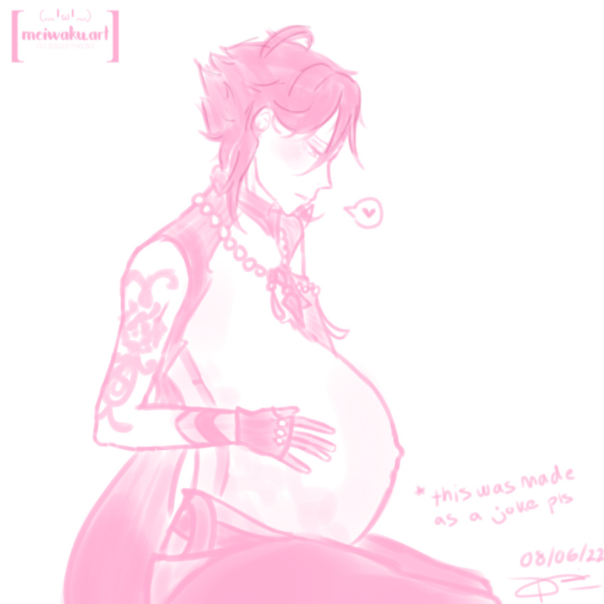 1boy 2022 ahoge big_belly genshin_impact gloves looking_down male male_only meiwaku.art necklace no_color pregnant pregnant_belly pregnant_male side_view solo tattoo xiao_(genshin_impact)