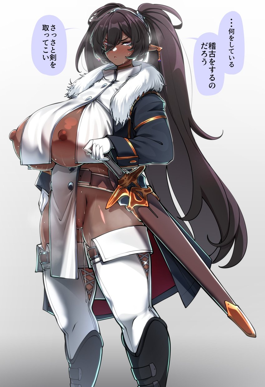 1girls big_areola big_breasts blade blush boots breasts brown_hair brown_skin coat curves curvy dark-skinned_female dark_elf dark_elf_(konoshige) dark_skin dripping dripping_pussy earring earrings elf elf_ears gigantic_breasts gradient_background huge_breasts japanese_text konoshige_(ryuun) large_breasts long_ears long_hair nipples original pelvic_curtain pigtails pointy_ears purple_eyes pussy pussy_juice pussy_juice_drip pussy_juice_string revealing_clothes ryuun_(stiil) sharp_ears simple_background slutty_outfit sword text thick thighhighs thighs translated violet_eyes weapon wet wet_pussy