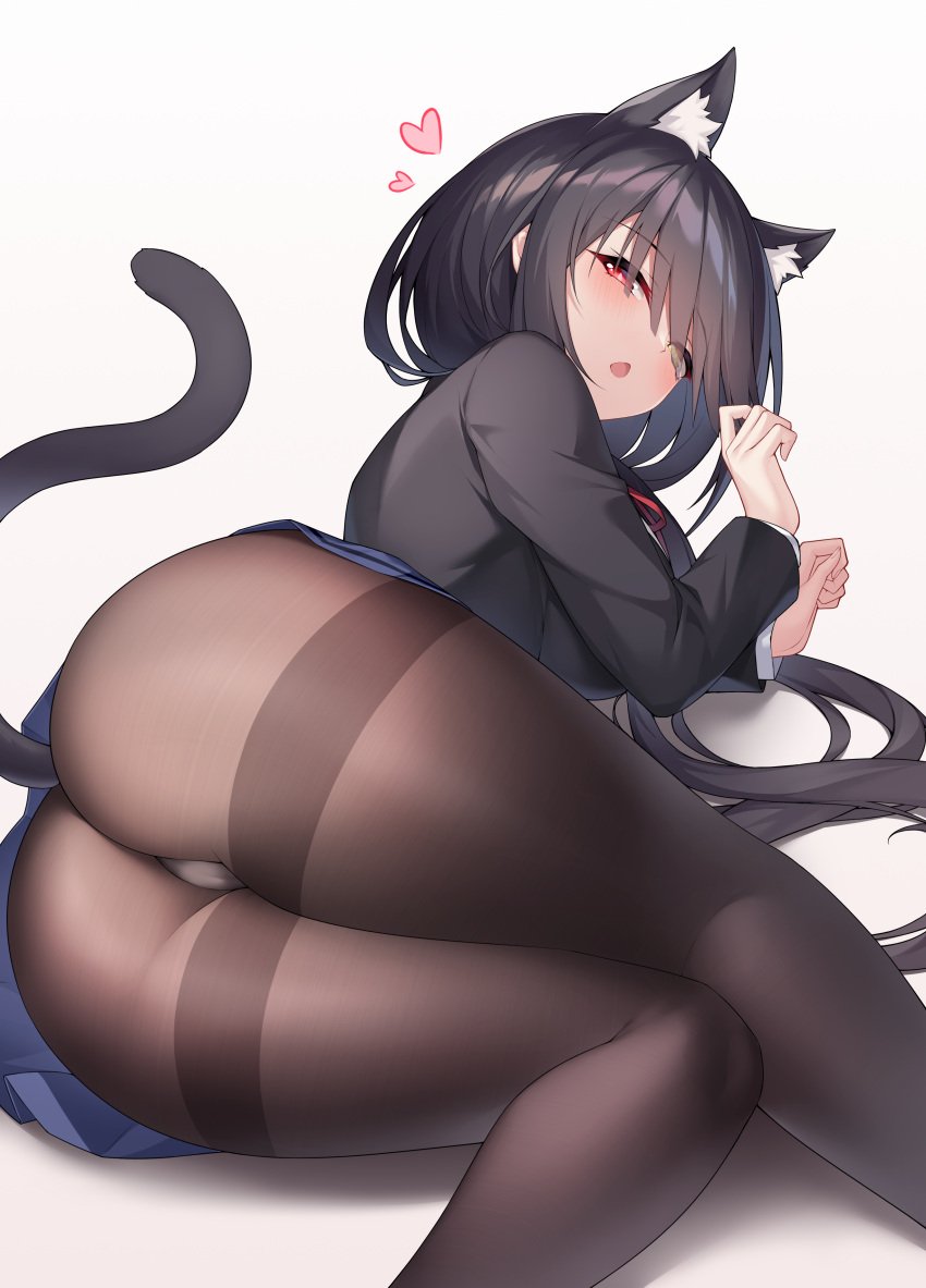 1girls animal_ears ass bangs black_hair blush cameltoe cat_ears cat_tail catgirl date_a_live eyes_visible_through_hair heart heterochromia highres long_hair long_sleeves looking_at_viewer lying on_side open_mouth panties panties_under_pantyhose pantyhose paw_pose pleated_skirt raizen_high_school_uniform red_eyes school_uniform simple_background skirt thighband_pantyhose thighs tokisaki_kurumi white_background yellow_eyes zhi_jiyang