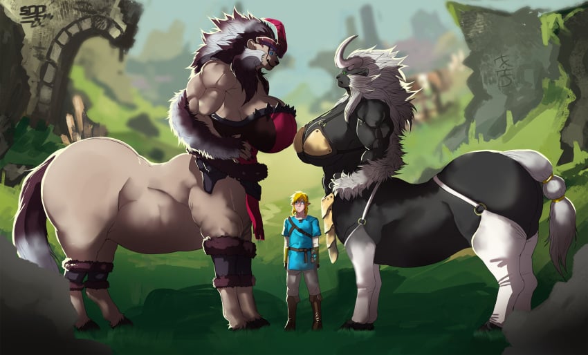 1boy 2girls angry anthro bra breasts breath_of_the_wild cleavage corset female genderswap_(mtf) huge_ass huge_breasts jinn_(ricofoxmods) larger_female link link_(breath_of_the_wild) lynel lynel_female male muscular_female omnoproxy rule_63 sideboob taur the_legend_of_zelda