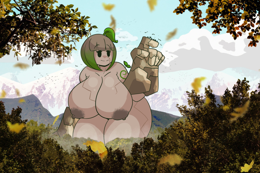 1girls bird birds cloud clouds crashcantheman earth_elemental earth_elemental_(tales_of_lewdia) fanart female giant giant_breasts giant_thighs giantess leaf leaf_on_head mineral_fauna mineral_humanoid mountain mountains rock_creature rock_humanoid stone_body tales_of_lewdia