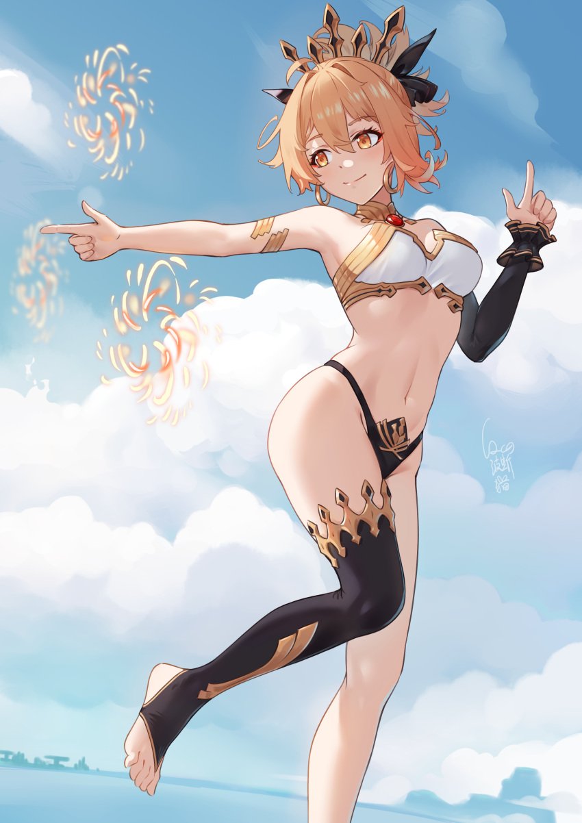 1girls alternate_costume blonde_female blonde_hair breasts cloud cosplay cqc_no_hashi_neko crown cute eyelashes fate/grand_order fate_(series) feet female fringe genshin_impact hi_res hoop_earrings ishtar_(fate)_(cosplay) ishtar_(fate/grand_order) midriff mihoyo navel orange_eyes orange_eyeshadow orange_hair pale-skinned_female panties petite ponytail red_eyeshadow seductive_look single_thighhigh sky stirrup_legwear teenager thighhighs tied_hair toes tubetop ueda_kana yellow_eyes yoimiya_(genshin_impact)