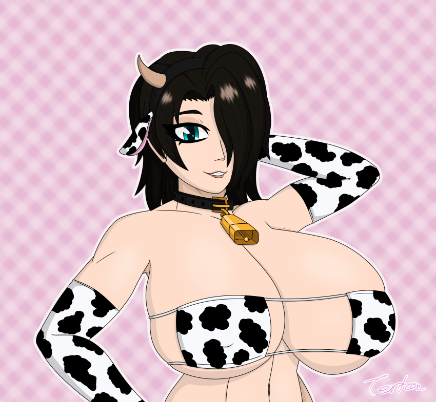 1girls bangs bikini black_hair blue_eyes breasts cleavage collar cow_bell cow_girl cow_print cow_print_bikini elbow_gloves eyepatch_bikini fake_ears fake_horns female female_focus hair_over_one_eye hand_behind_head hand_on_hip headband huge_breasts looking_at_viewer original original_character saya_(twrlare) short_hair smile solo terton