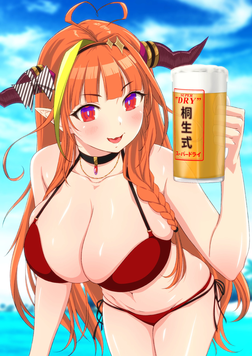 ahoge beach beer beer_mug bikini blush breasts choker cleavage dragon gradient_eyes hokke_(fryinghokke) holoforce hololive hololive_japan horns huge_breasts jewelry kiryu_coco long_hair midriff multicolored_hair open_mouth orange_hair outdoors pointy_ears purple_eyes red_eyes skindentation smile swimsuit two-tone_hair virtual_youtuber yellow_hair