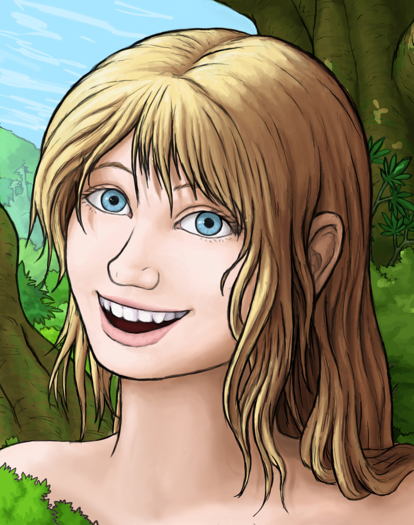 1girls blonde_hair crisis_(karbo) felarya forest giantess jumpscare scary smile solo tree