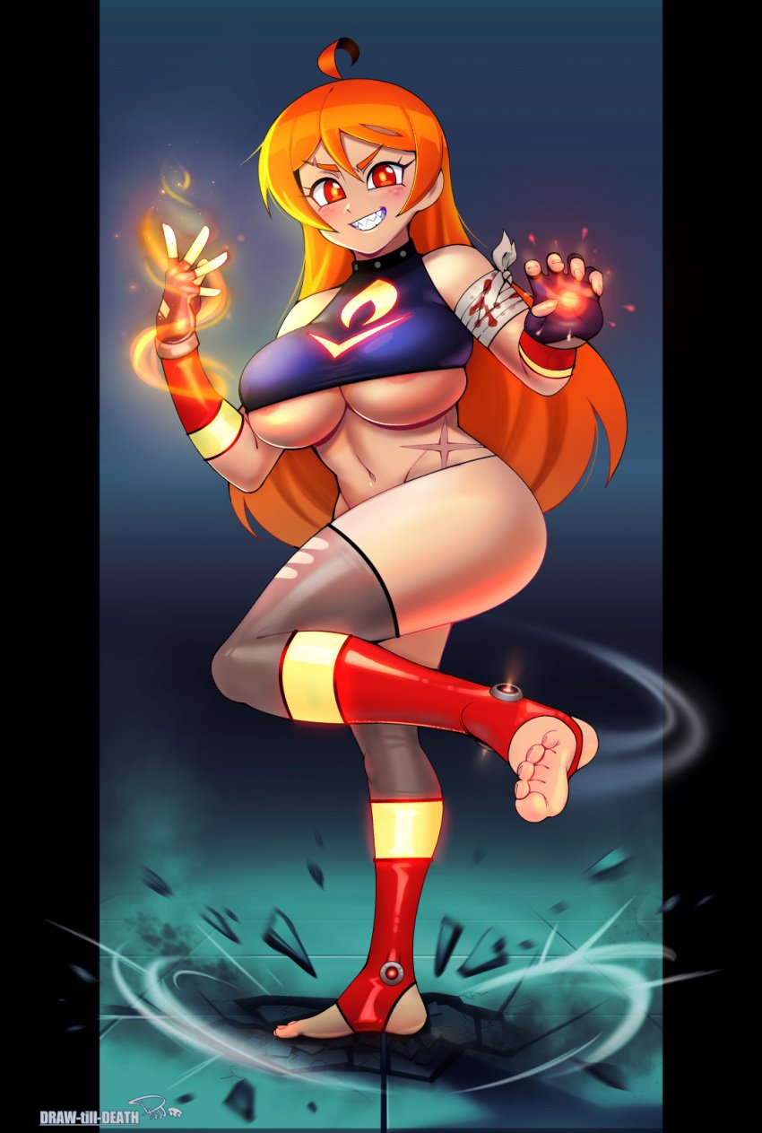 artist_name artist_signature bandage bandaged_arm barefoot big_breasts blood breasts draw-till-death fire navel orange_hair red_eyebrows red_eyes scar shell_flare stirrup_legwear stomp tagme thick_thighs