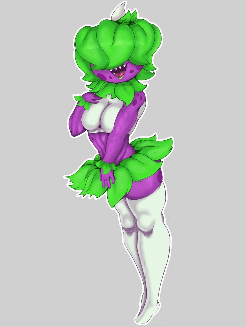 2d big_breasts big_thighs chomper_(pvz) female female_only green_hair jacksito_(artist) looking_at_viewer plant plantie plants_vs_zombies pop_cap purple_skin side_view smile socks voluptuous voluptuous_female white_clothes