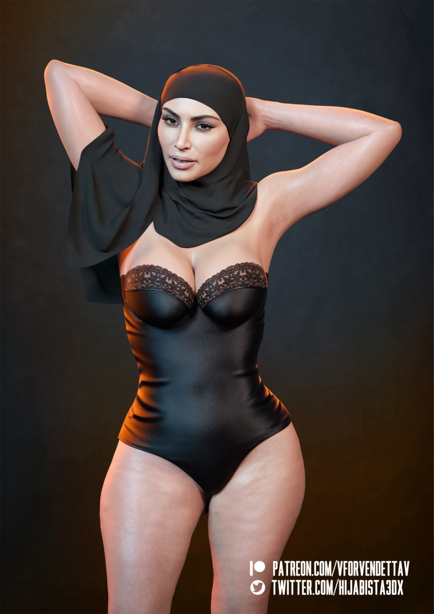 1girls 3d 3dx armpits arms_up big_ass big_breasts big_butt blender cameltoe celebrity cellulite curvy dark-skinned_female dark_skin daz_studio eyeliner facing_viewer female front_view hi_res high_resolution highres hijab hips kim_kardashian large_breasts lipstick makeup mature_female milf muslim muslim_female nipples nude nude_female pinup real_person realistic showing_armpits showing_off strapless_leotard thick_thighs vforvendettav white_body