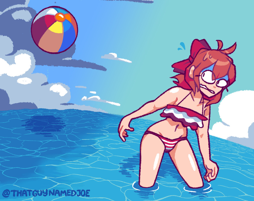 ball beach_ball bikini bikini_bottom bikini_top doki_doki_literature_club female just_sayori nervous sayori_(doki_doki_literature_club) thatguynamedjoe twitter_username water