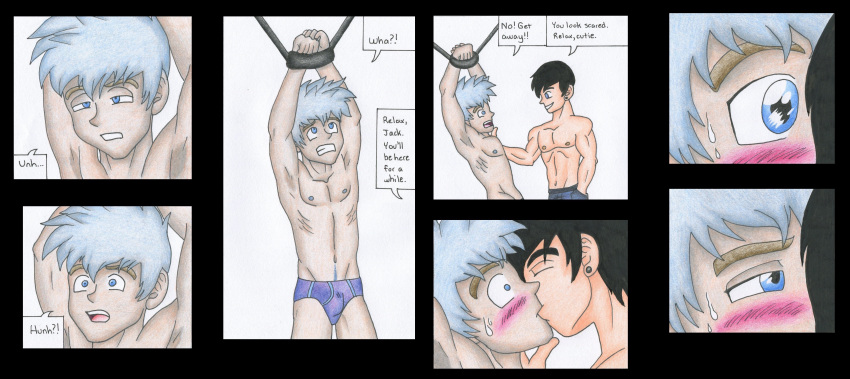 2boys anticipation black_hair blush bondage captured gay jack_frost_(rise_of_the_guardians) jaden_(trueticklefanatic) kissing male male_only original_character rise_of_the_guardians speech_bubble surprised trueticklefanatic waking_up