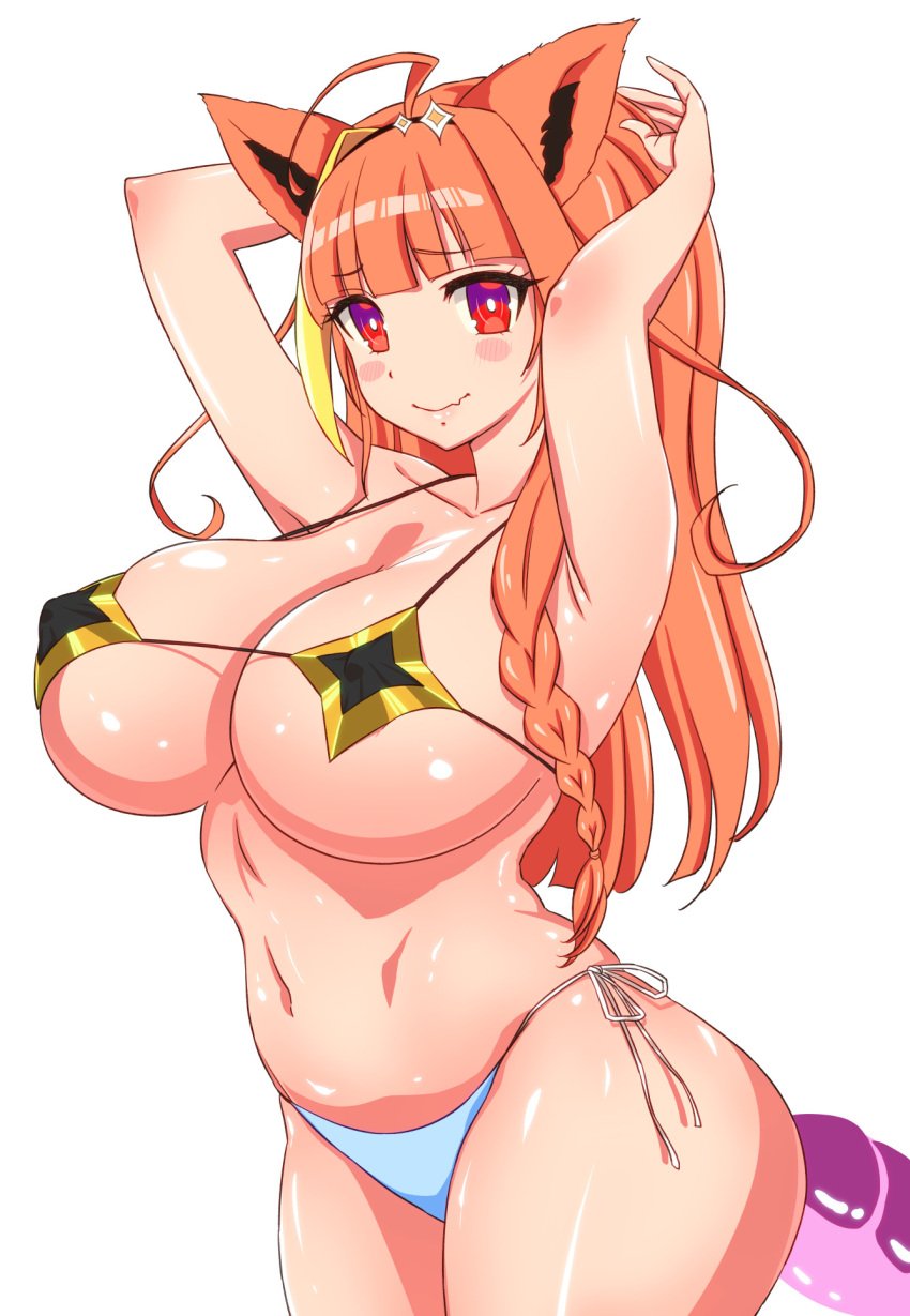 ahoge anime armpits arms_above_head ass bikini blush breasts cat_ears dragon fake_animal_ears gradient_eyes hokke_(fryinghokke) holoforce hololive hololive_japan horns huge_ass huge_breasts kiryu_coco long_hair looking_at_viewer micro_bikini midriff multicolored_hair nipples nipples_visible_through_clothing orange_eyes orange_hair purple_eyes smile star_bikini swimsuit tail thick_thighs thighs two-tone_hair virtual_youtuber yellow_hair