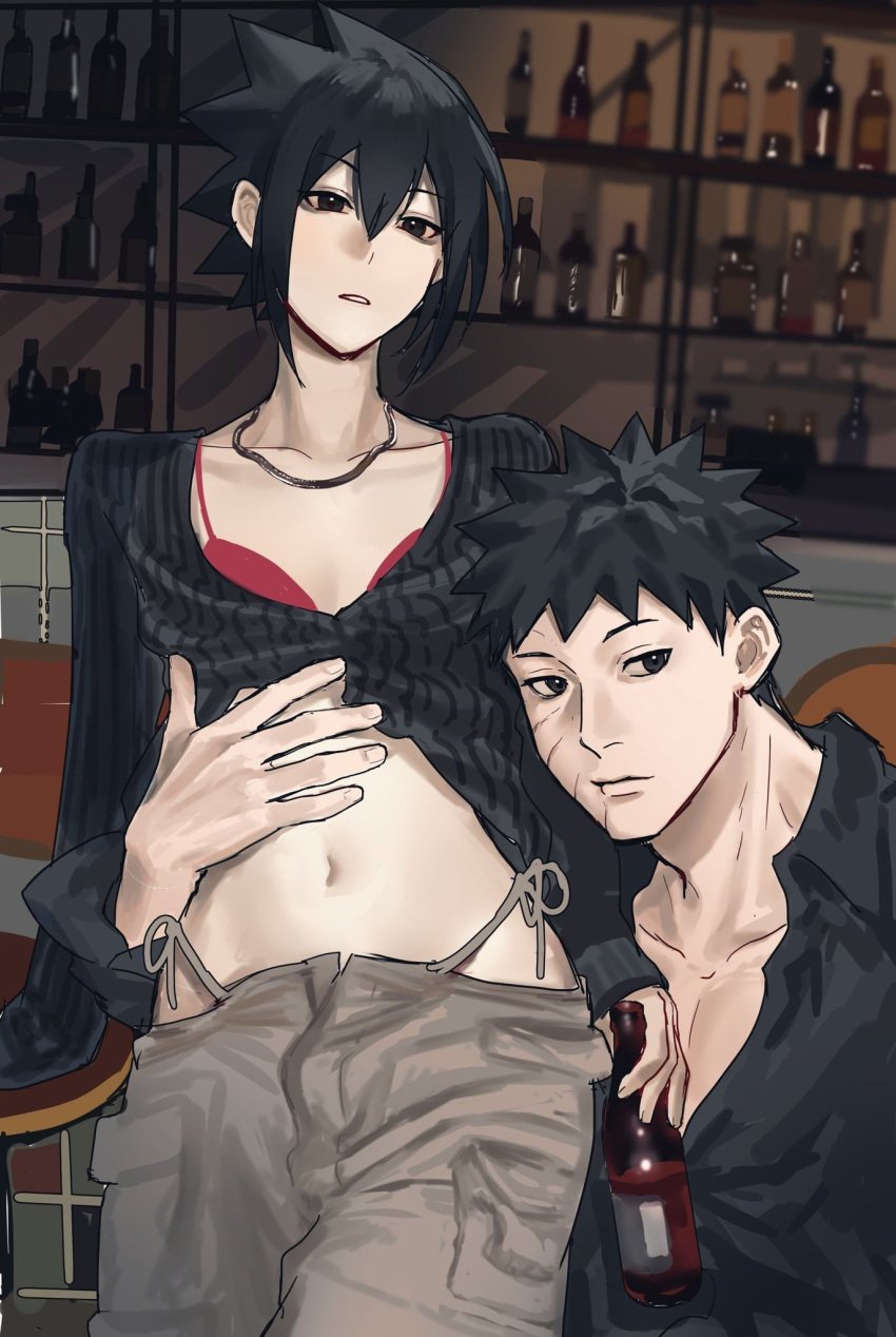 1boy 1boy1girl 1girls belly_button black_eyes black_hair bra clothed clothing couple duo duo_focus face_markings female flat_chest fully_clothed gender_transformation genderswap genderswap_(mtf) highres indoors jewelry kooiko light-skinned_male light_skin male male/female naruto naruto_(series) naruto_shippuden necklace pale-skinned_male pale_skin partially_clothed petite pink_bra pose posing rule_63 sasuke_uchiha sasuko scars shounen_jump sitting straight uchiha_obito voluptuous wide_hips