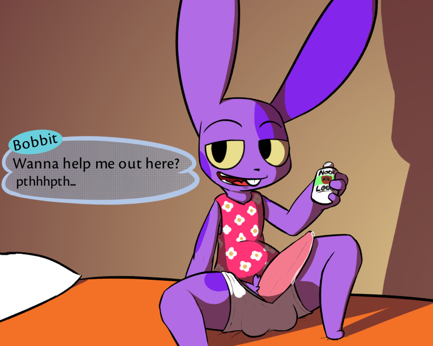 2018 alternate_species animal_crossing anthro balls_in_underwear bed biped bob_(animal_crossing) clothed clothing dialogue digital_media_(artwork) english_text erection floral_pattern floral_print furniture genitals hi_res lagomorph leporid male mammal nintendo on_bed open_mouth penis purple_body rabbit rabblet shirt simple_background sitting sitting_on_bed solo tapering_penis text topwear video_games