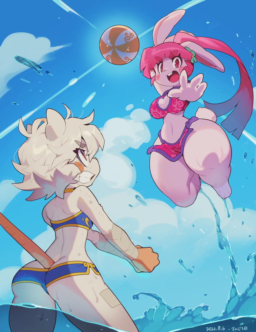 2girls anthro artist_signature bandage beach big_breasts bottomless breasts dated female flower_in_hair kaeritai07 loincloth mammal pink_fur pink_hair rabbit rat rodent tagme thick_thighs volleyball white_fur white_hair wide_hips