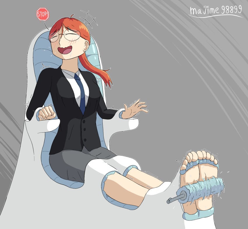 bare_legs barefoot blush bondage bound chair chair_bondage chair_position closed_eyes dubious_consent female female_focus femsub laugh laughing majime_98899 miniskirt no_text office_lady orange_hair perky_breasts ponytail restrained_feet restrained_legs restrained_wrists restraints shaking simple_background suit textless tickle_fetish tickle_machine tickle_torture tickling tickling_feet tickling_machine tied_hair toe_ties