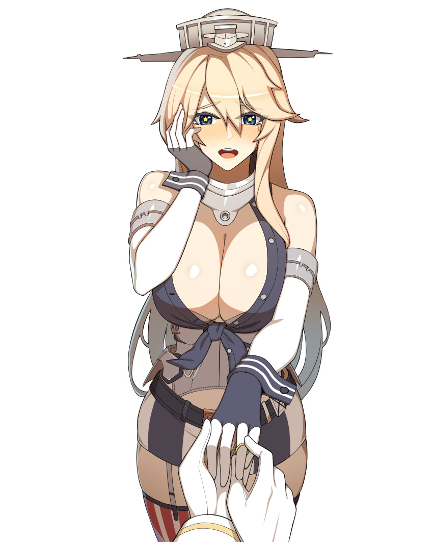 admiral_(kantai_collection) belt blonde_female blonde_hair blue_eyes blush breasts cleavage clothing garter_straps hand_on_own_face happy_tears high_resolution hyperbudd iowa_(kantai_collection) jewelry kantai_collection large_breasts lingerie looking_at_viewer military military_uniform miniskirt naval_uniform pov pov_hands proposal putting_on_jewelry ring skindentation skirt smile tears terebozu92 thighhighs uniform very_high_resolution wedding_band