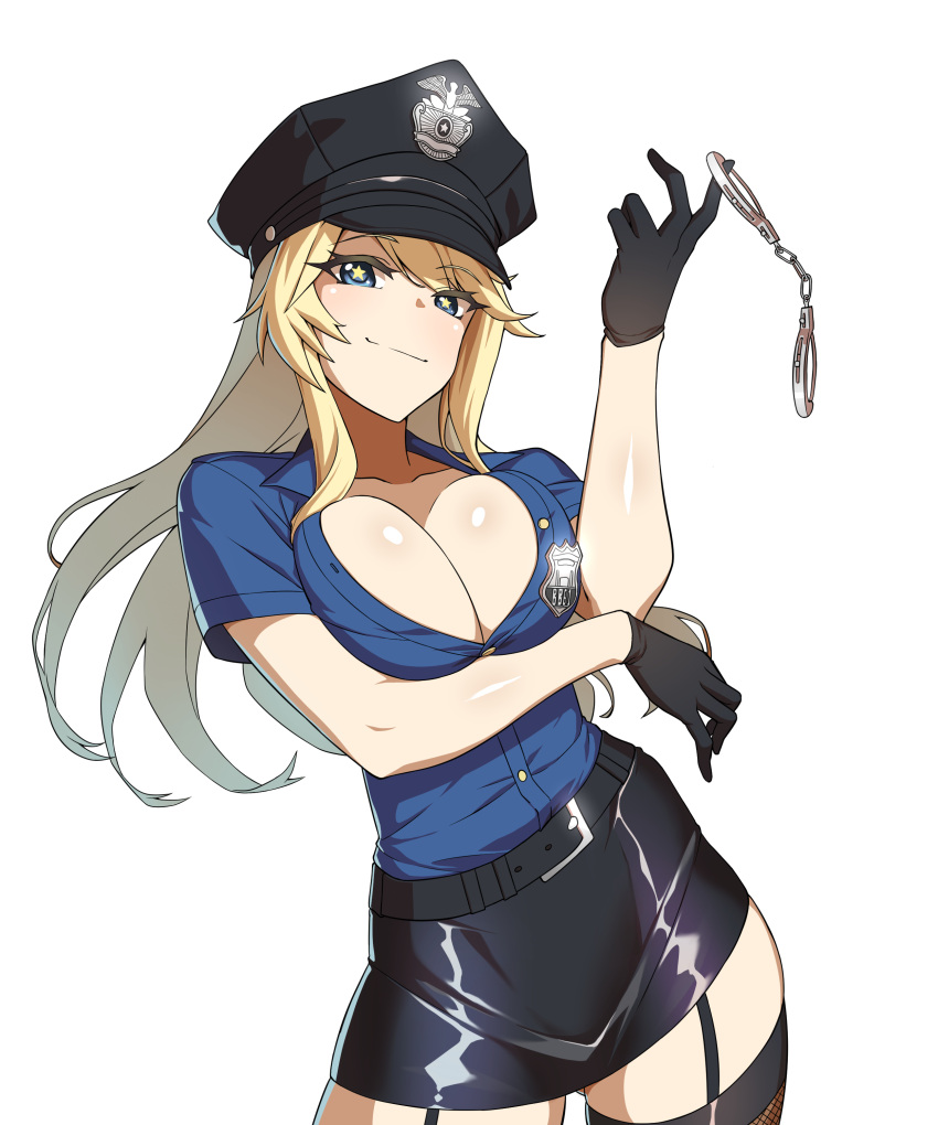 badge belt black_gloves blonde_female blonde_hair blue_eyes blue_skirt breast_hold breasts cleavage clothing cuffs fishnet_legwear fishnets garter_straps gloves handcuffs hat headwear high_resolution hyperbudd iowa_(kantai_collection) kantai_collection light-skinned_female lingerie looking_at_viewer miniskirt pale-skinned_female police police_hat police_uniform policewoman restraints skindentation skirt smirk solo solo_female star star-shaped_pupils star_(symbol) symbol-shaped_pupils terebozu92 thighhighs uniform very_high_resolution