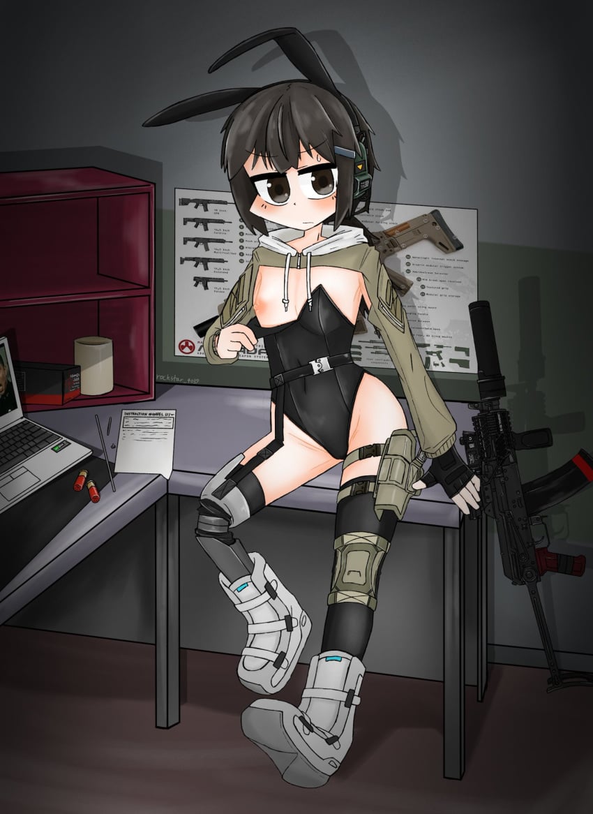 brown_eyes brown_hair bunny_ears bunnysuit escape_from_tarkov fake_animal_ears fingerless_gloves k-chronos looking_at_viewer nipples original_character prosthetic_leg short_hair sitting sitting_on_table thighhighs weapon yuna_(k-chronos)