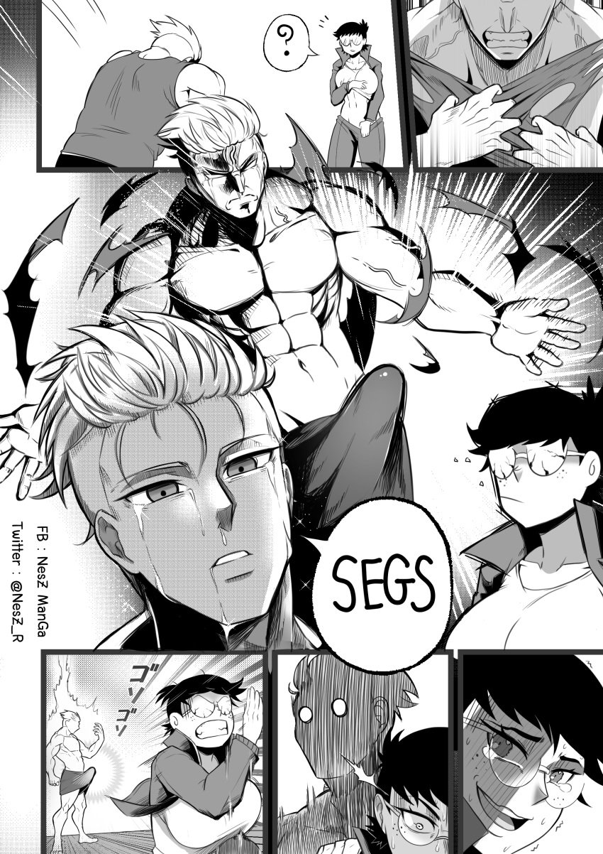 1boy 1boy1girl 1girls 2022 abs big_breasts boner breasts comic erect_penis erection erection_under_clothes female freckles glasses huge_breasts imminent_rape jane_(nesz) large_breasts male monochrome muscular muscular_male nesz original original_characters peter_(nesz) speech_bubble tears tomboy