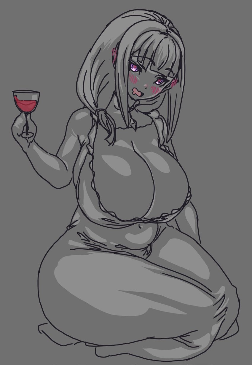 alcohol alternate_breast_size big_breasts breast_squeeze drunk elf emilia_(re:zero) fday huge_breasts looking_at_viewer nightgown purple_eyes re:zero_kara_hajimeru_isekai_seikatsu thick_thighs tight_clothing wide_hips