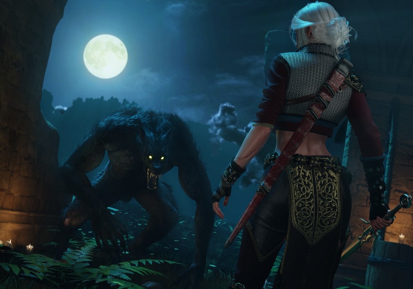 1girls 3d 3d_(artwork) blender ciri daz_studio female full_moon fully_clothed imminent_death imminent_rape imminent_sex masterkabal monster night night_sky the_witcher the_witcher_(series) the_witcher_3:_wild_hunt weapon werewolf