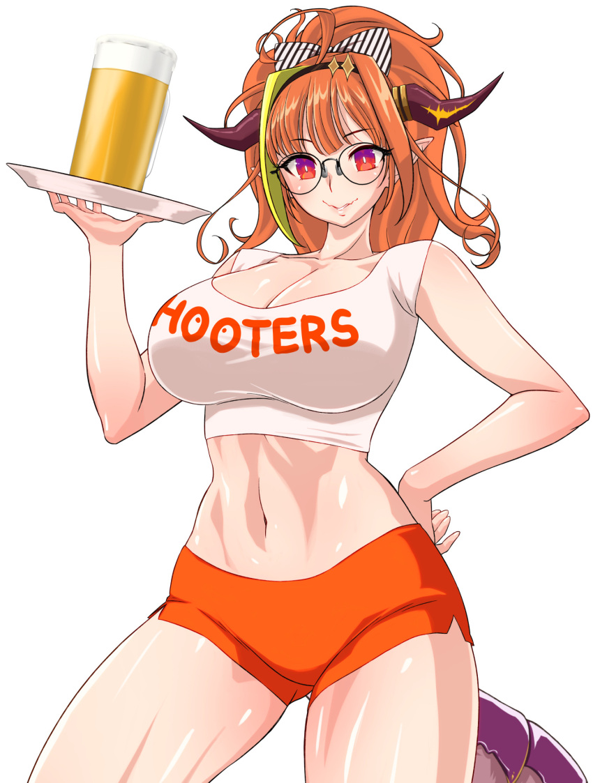 beer beer_mug breasts cleavage dragon glasses gradient_eyes hair_ornament hokke_(fryinghokke) holoforce hololive hololive_japan hooters horns kiryu_coco large_breasts looking_at_viewer medium_hair messy_hair midriff multicolored_hair orange_hair pointy_ears ponytail purple_eyes red_eyes serving_tray short_shorts shorts smile tail thick_thighs thighs two-tone_hair virtual_youtuber waitress yellow_hair