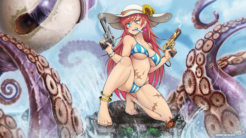 bracelet breasts cephalopod crab draw-till-death earrings eyebrows_visible_through_hair gun hat medium_breasts mole mole_under_eye navel red_hair savana_sunfire scar scar_on_belly scar_on_thigh squid striped_bikini sunflower tentacle thick_thighs