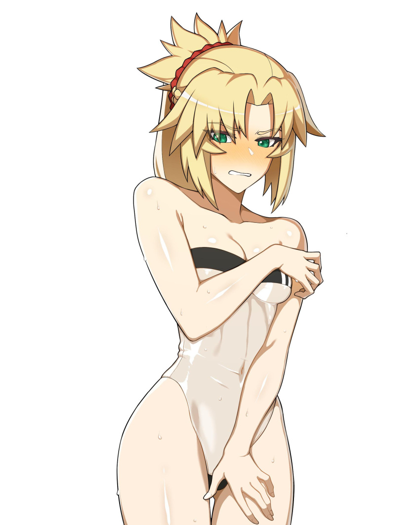 absurdres blonde_female blonde_hair blush breasts collarbone covered_navel cowboy_shot embarrassed eyes_visible_through_hair fate/apocrypha fate_(series) female green_eyes gris_swimsuit highres hyperbudd meme_attire mordred_(fate) one-piece_swimsuit parted_lips ponytail see-through simple_background small_breasts solo swimsuit teeth terebozu92 wet white_background