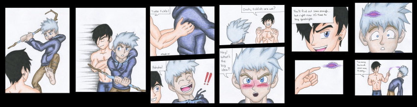 2boys black_hair embarrassed exclamation_point fight jack_frost_(rise_of_the_guardians) jaden_(trueticklefanatic) knocked_out magic male_only original_character rise_of_the_guardians tickling tickling_armpits ticklish trueticklefanatic