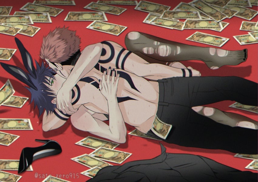 2boys animal_ears arm_tattoo ass back_tattoo bangs bare_shoulders black_footwear black_hair black_leotard black_pants blush eyelashes facial_tattoo feet fingernails full_body fushiguro_megumi gay gay_sex green_eyes hair_between_eyes high_heels hug implied_anal implied_sex jujutsu_kaisen kissing leg_up leotard looking_at_another lying male male/male male_focus male_only male_playboy_bunny male_prostitution money multiple_boys nail_polish on_floor on_side pants pantyhose pink_hair prostitution rabbit_ears ryoumen_sukuna_(jujutsu_kaisen) sato_zero915 shirt_removed shoes shoes_removed short_hair shoulder_tattoo spiked_hair strapless strapless_leotard sweat tattoo thighs toenails toes topless_male torn_clothes torn_legwear twink undercut yaoi