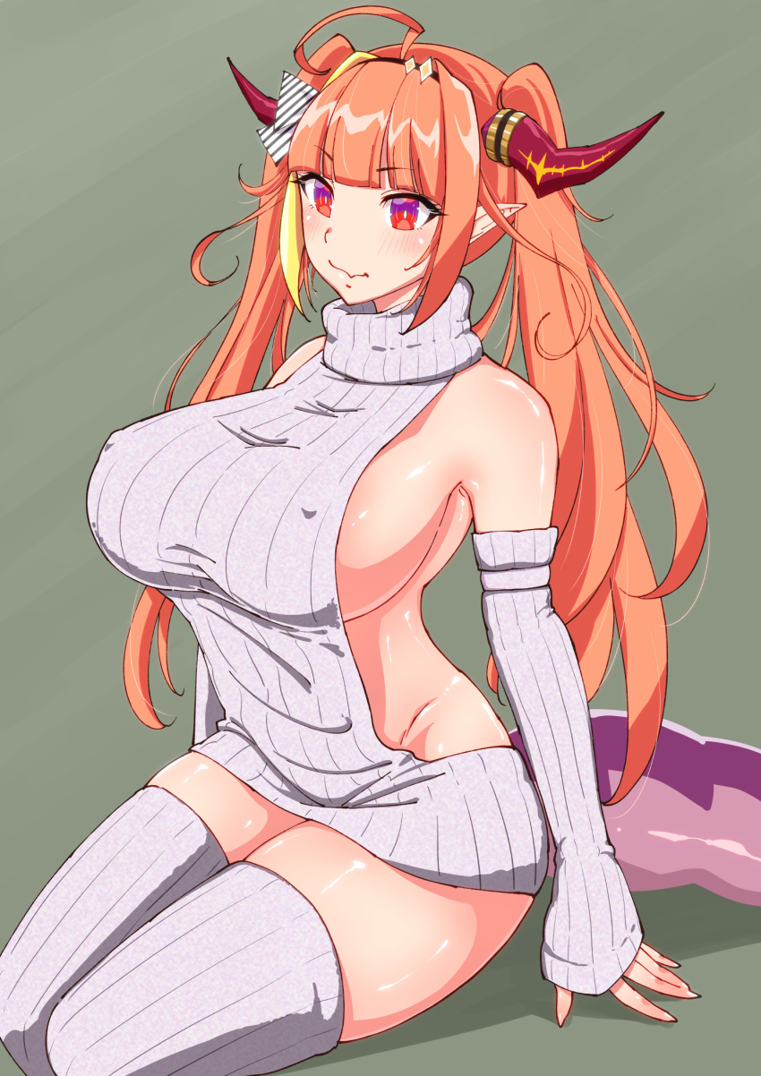 ahoge blush breasts detached_sleeves hokke_(fryinghokke) holoforce hololive hololive_japan huge_breasts kiryu_coco long_hair multicolored_hair nipples nipples_visible_through_clothing orange_hair pointy_ears ribbed_sweater sideboob sitting sweater tail thick_thighs thighhighs thighs twintails two-tone_hair virgin_killer_sweater virtual_youtuber waist wide_hips yellow_hair