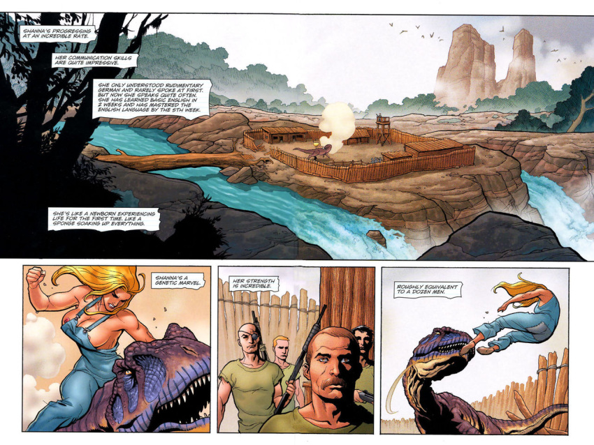 1girls big_breasts blonde_hair breasts comic comic_page dave_stewart dinosaur feet fist floating frank_cho ka-zar_(series) marvel marvel_comics naked_overalls narration nipples overalls shanna_the_she-devil teeth throwing