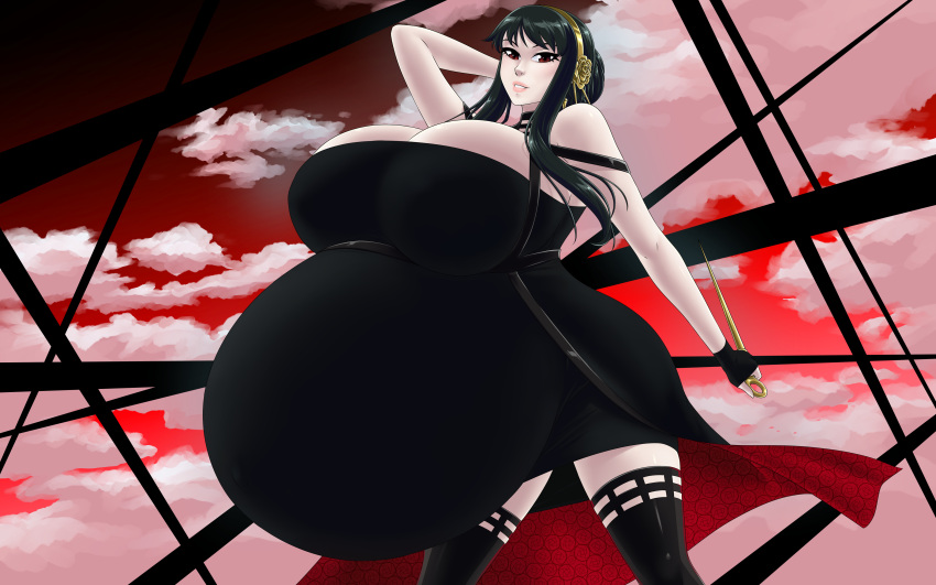 1girls assassin big_breasts black_hair dress female_human huge_breasts human hyper hyper_i hyper_inflation hyper_pregnancy mature_female pregnant pregnant_belly pregnant_female shounen_jump spy_x_family stiletto_(weapon) thorn_princess yor_briar yor_forger zdemian