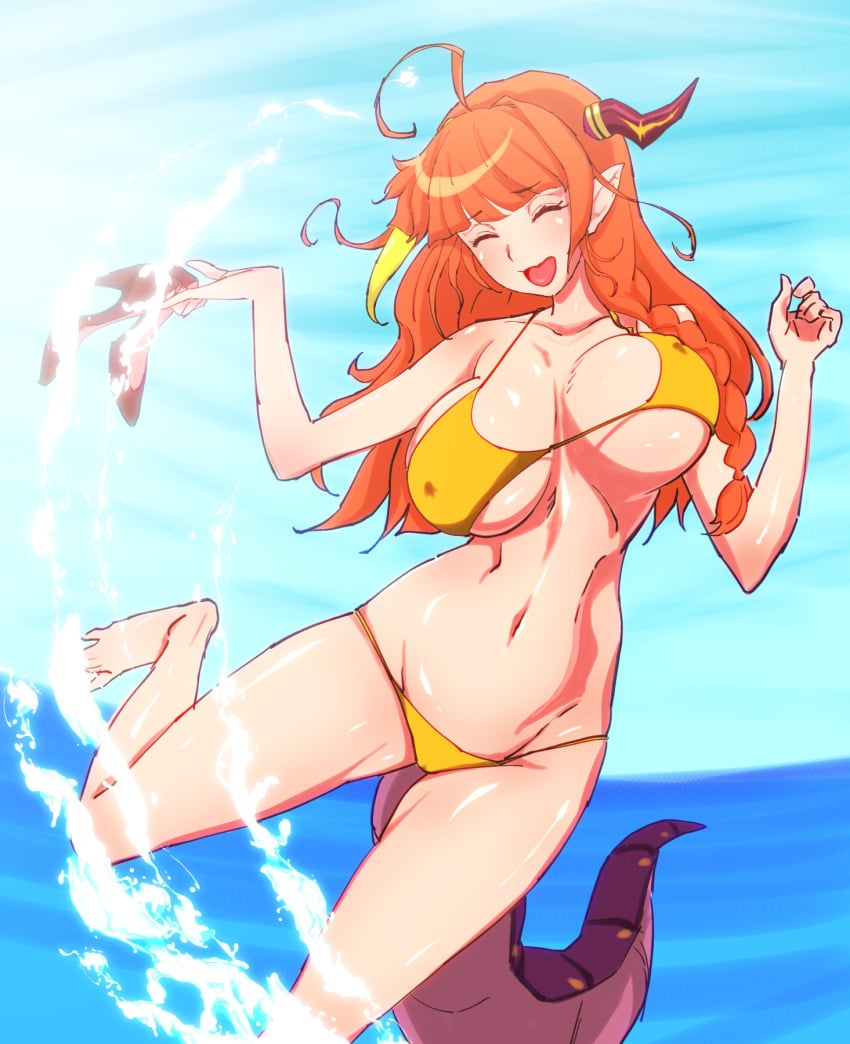 ahoge beach bikini breasts dragon hokke_(fryinghokke) holoforce hololive hololive_japan horns huge_breasts kiryu_coco long_hair midriff multicolored_hair nipples nipples_visible_through_clothing open_mouth orange_hair outdoors pointy_ears smile swimsuit tail two-tone_hair virtual_youtuber yellow_hair