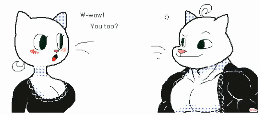 :) animated anthro anthro_female anthro_male big_breasts black_and_white blush bouncing_breasts breasts clothed clothing dialogue duo english_text female kekeflipnote looking_at_another male short_playtime tagme text