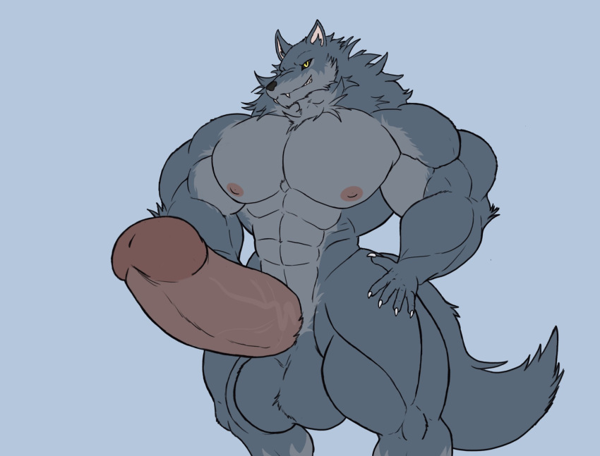 anthro balls big_balls big_muscles big_penis black_eyes canid canine canis daltenigma fangs genitals hands_on_hips hi_res huge_cock huge_muscles humanoid humanoid_genitalia humanoid_penis hyper hyper_genitalia hyper_penis looking_at_viewer male male_only mammal muscular muscular_male nipples penis smile smiling_at_viewer solo sonicgamer_(artist) teeth wolf yellow_sclera